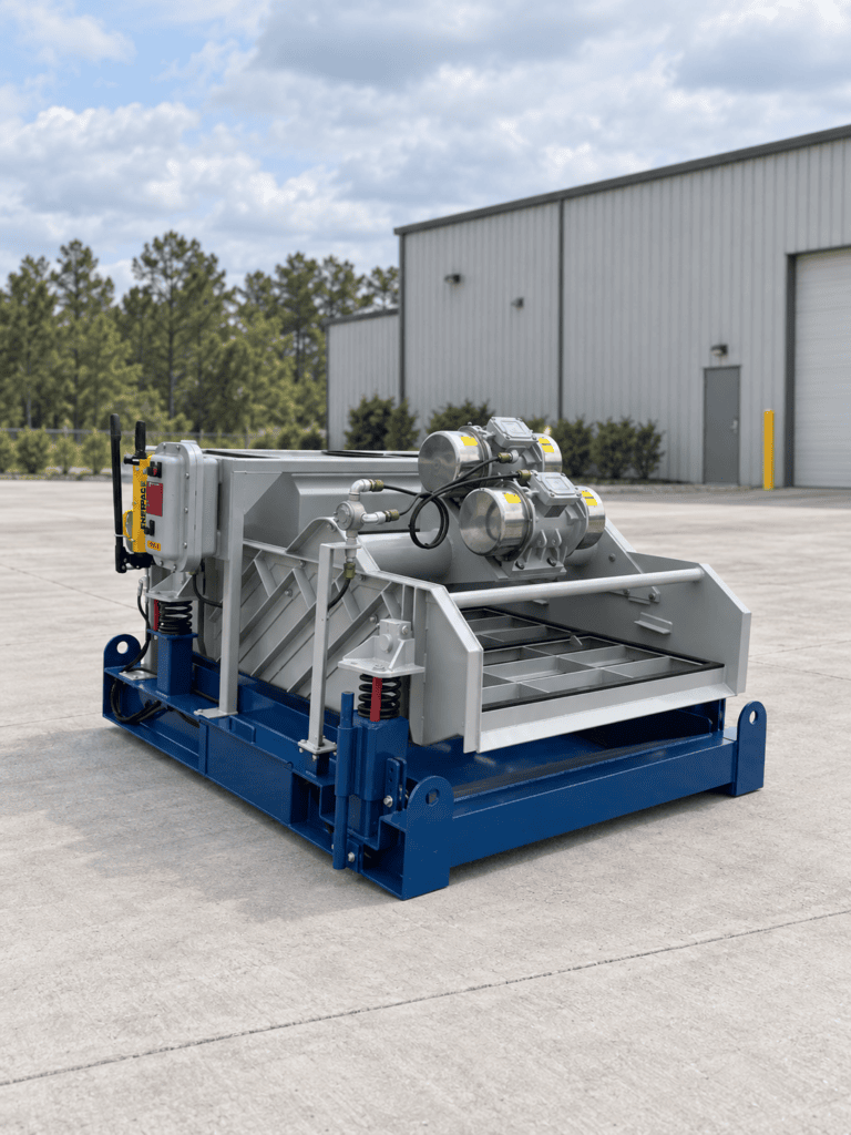 Complete view of the TFI 146L linear shaker outdoors, showing the open screen deck, vibratory motors, control panel, and blue support frame.