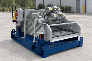 Complete view of the TFI 146L linear shaker outdoors, showing the open screen deck, vibratory motors, control panel, and blue support frame.