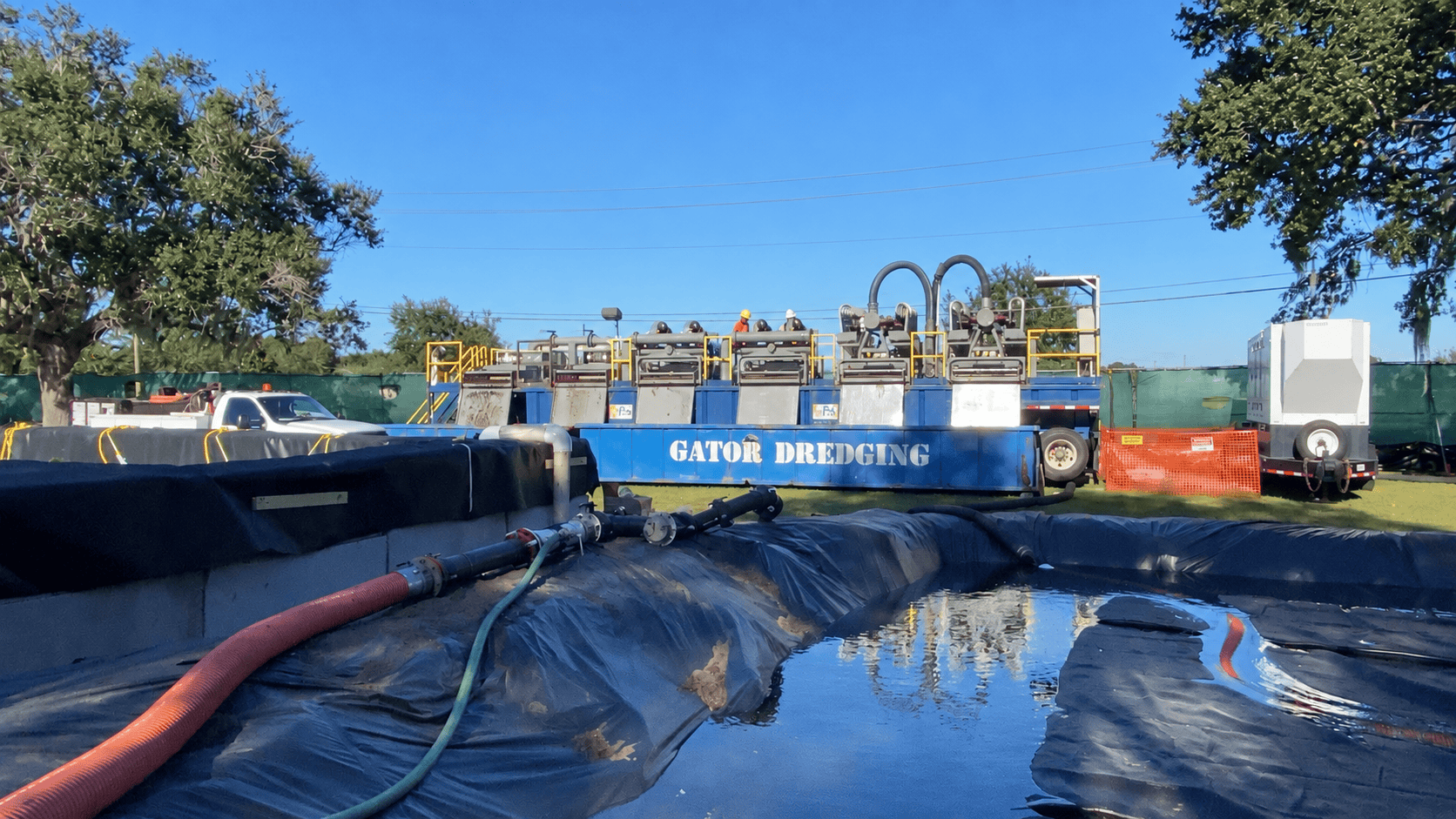 Triflo ES 2000R environmental dewatering system processing dredged material during the Lake Martha diesel-spill cleanup.