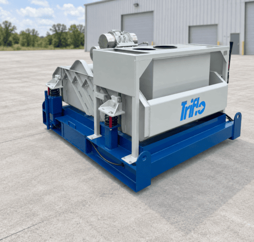 Rear three-quarter view of the TFI 146L linear shaker showing the rear collection area and Triflo-branded housing.