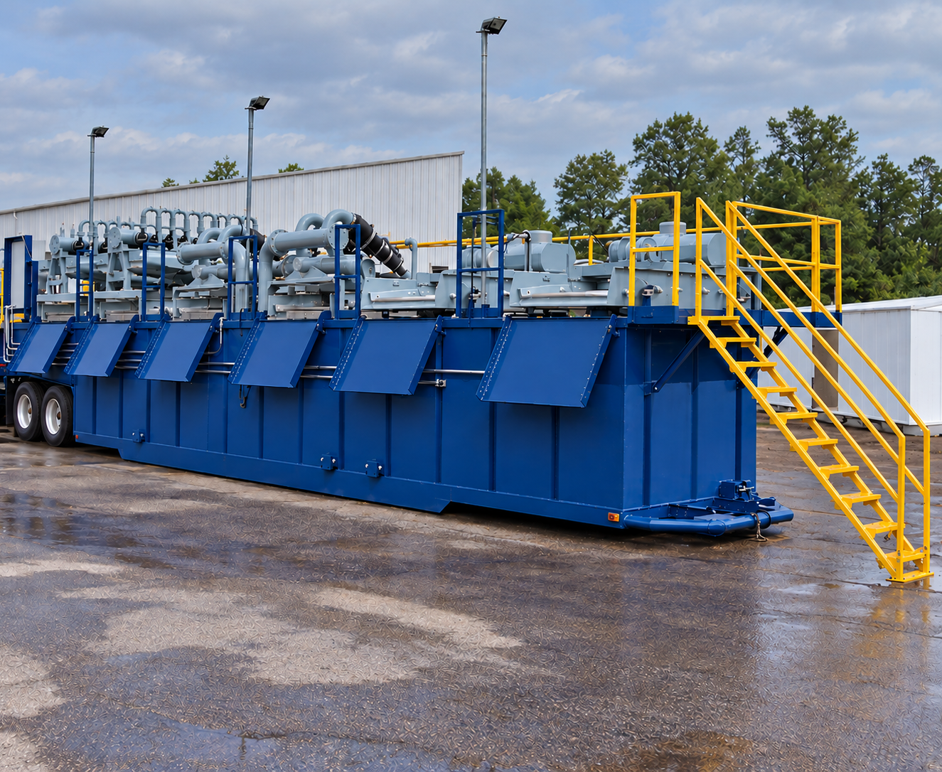 Triflo ES 2000R environmental dewatering system with multiple screening units, process piping, and yellow access stairs and safety railings.
