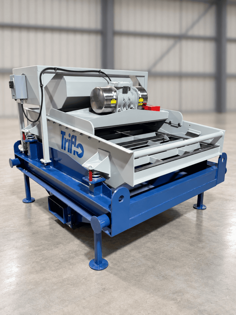 Triflo 146E elliptical motion shaker shown from the front, featuring the shaker deck, vibratory motors, and blue support frame.