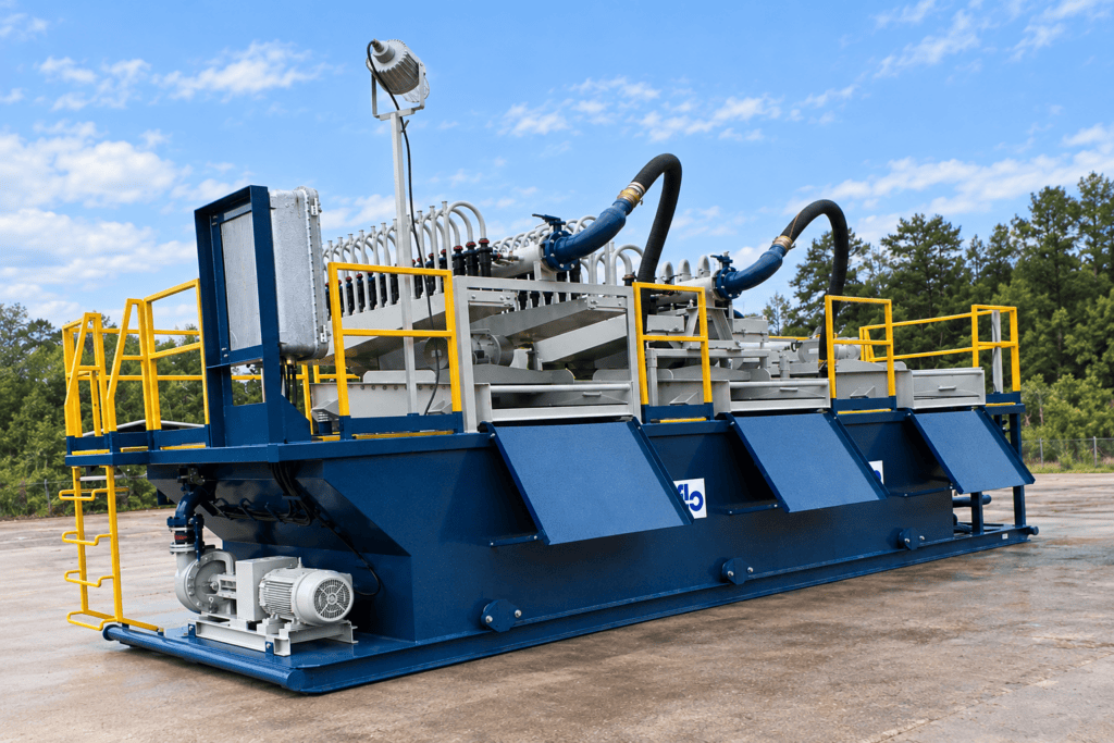 Triflo ES 500 environmental dewatering system with shaker screens, hydrocyclones, yellow safety railings, and three raised discharge panels.