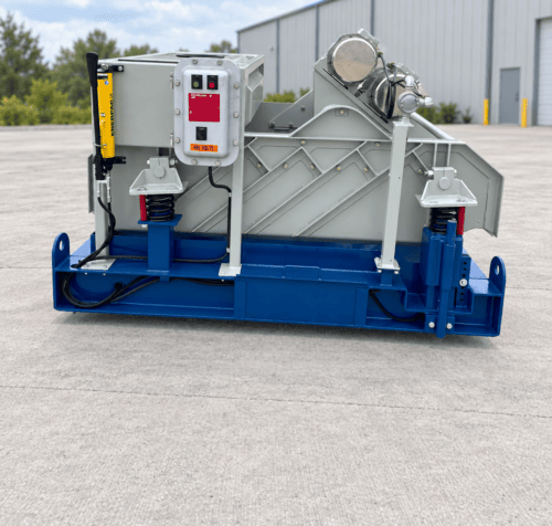 Control-side view of the TFI 146L linear shaker showing the electrical panel, spring mounts, motors, and blue base frame.