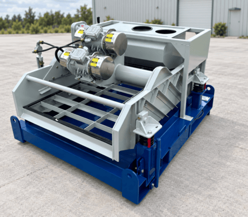 Elevated front view of the TFI 146L linear shaker showing the screen support deck, dual motors, and discharge end.