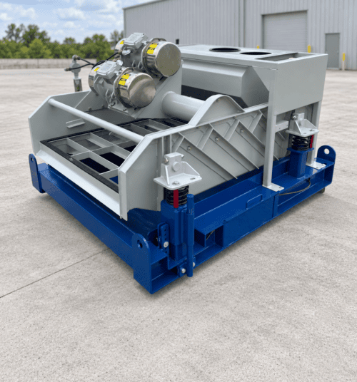 Front motor-side view of the TFI 146L linear shaker with dual vibratory motors, screen deck, and adjustable spring-mounted frame.